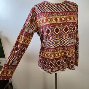 Bedford Fair Womens Large Red Aztec Southwest Geometric Print Long Sleeve Shirt